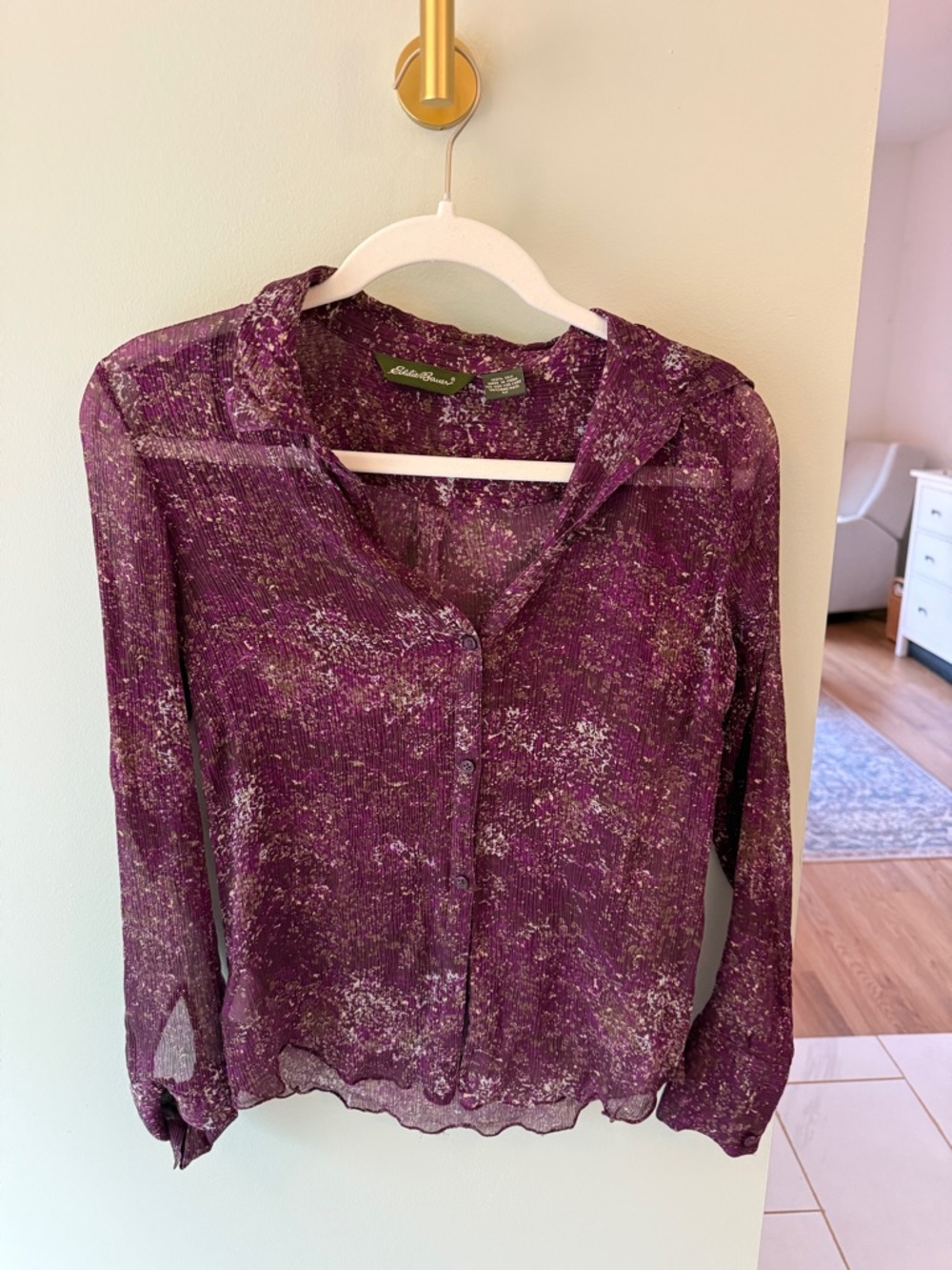 Eddie Bauer Plum Printed 100% silk Button-Down Blouse